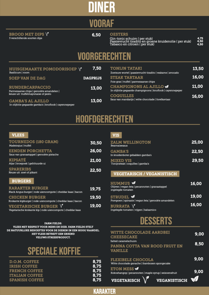 Restaurant Karakter diner kaart oktober 2024